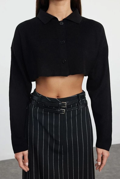 Kadın Moda Şık Crop Polo Yaka Regular Crop Polo Yaka Triko Hırka