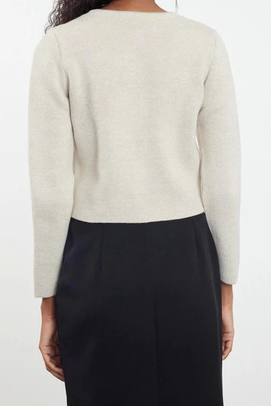 Kadın Moda Şık Crop Bisiklet Yaka Regular Crop Ceket Görünümlü Triko Hırka - 6