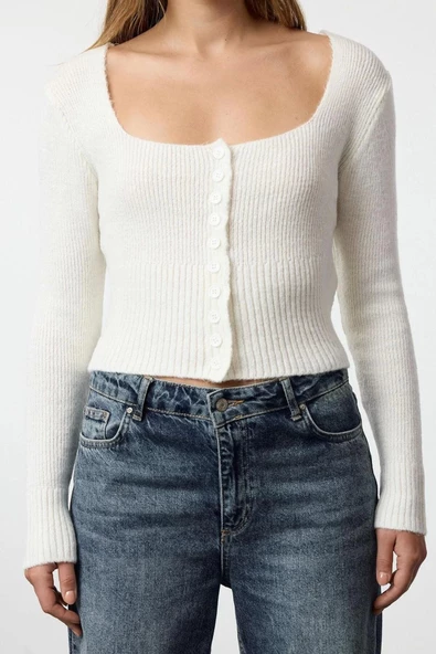 Kadın Moda Şık Crop Kare Yaka Regular Crop Kare Yaka Triko Hırka