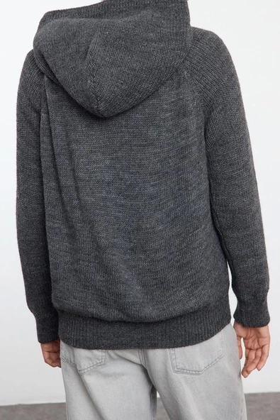 Kadın Moda Şık Regular Kapüşonlu Regular Kapüşonlu Fermuarlı Mont Görünümlü Triko Hırka - 5