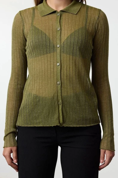 Kadın Moda Şık Regular Polo Yaka Slim Premium Kalite Transparan Görünümlü Triko Hırka