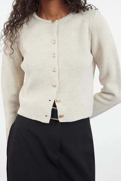 Kadın Moda Şık Crop Bisiklet Yaka Regular Crop Ceket Görünümlü Triko Hırka - 2