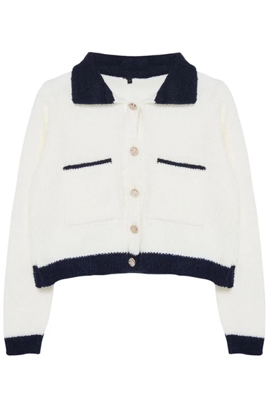 Kadın Moda Şık Regular Polo Yaka Oversize Buklet Polo Yaka Mont Görünümlü Triko Hırka