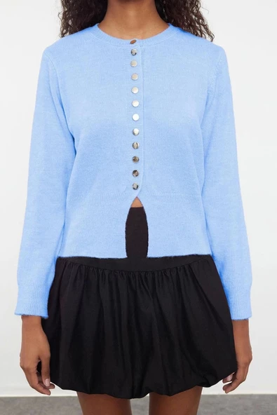 Kadın Moda Şık Regular Bisiklet Yaka Regular Basic Düğmeli Triko Hırka - 4