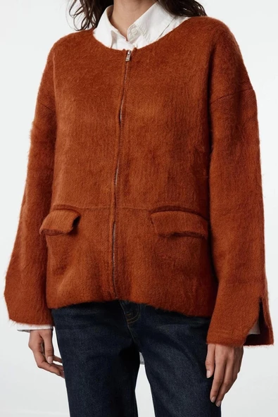 Kadın Moda Şık Regular Bisiklet Yaka Regular Yumuşak Dokulu Mont Triko Hırka