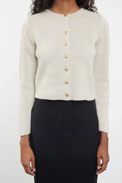 Kadın Moda Şık Crop Bisiklet Yaka Regular Crop Ceket Görünümlü Triko Hırka - 4