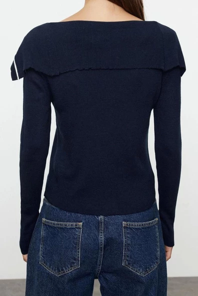 Kadın Moda Şık Regular Devrik Yaka Slim Renk Bloklu Devrik Yaka Triko Hırka - 5