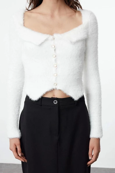 Kadın Moda Şık Crop Havuz Yaka Slim Crop Tüylü Triko Hırka