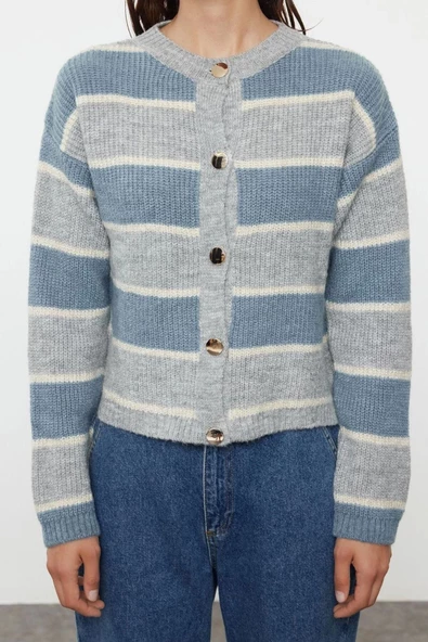 Kadın Moda Şık Regular Bisiklet Yaka Regular Yumuşak Dokulu Renk Bloklu Triko Hırka