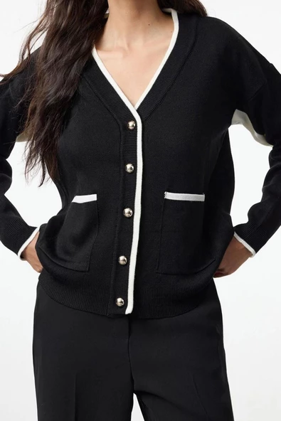 Kadın Moda Şık Regular V Yaka Oversize Renk Bloklu Geniş Kalıp Triko Hırka - 3