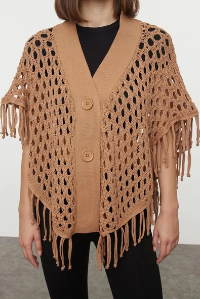 Kadın Moda Şık Regular V Yaka Regular Ajurlu Delikli Püskül DEtaylı Panço Triko Hırka