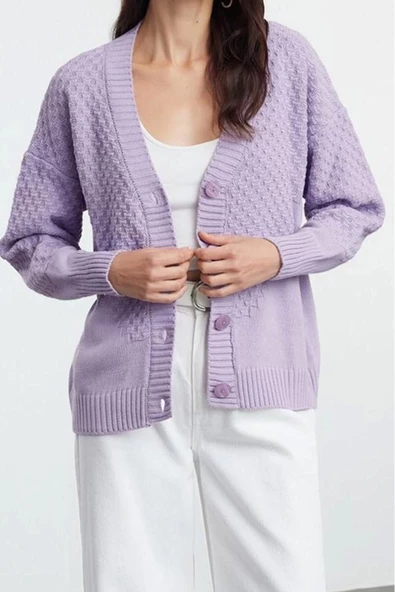 Kadın Moda Şık Regular V Yaka Oversize Geniş Kalıp Örgü Detaylı Geniş Kalıp Triko Hırka - 3