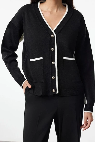 Kadın Moda Şık Regular V Yaka Oversize Renk Bloklu Geniş Kalıp Triko Hırka