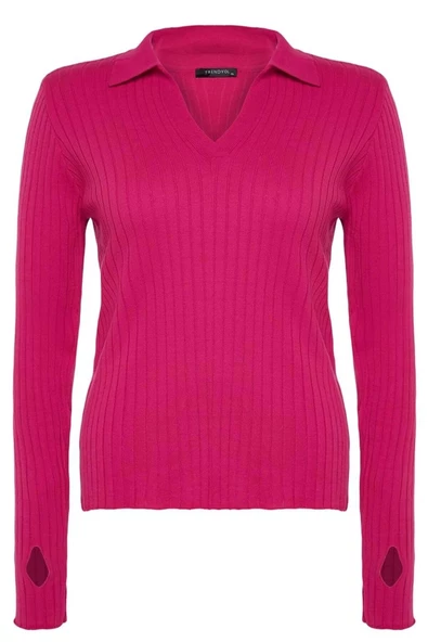 Kadın Büyük Beden Moda Şık Regular Polo Yaka Uzun Kol Düz Kol Ucu Detaylı Polo Yaka Triko Kazak