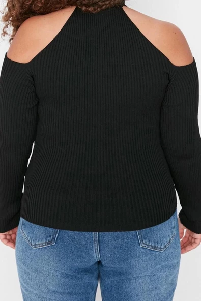 Kadın Büyük Beden Moda Şık Regular Choker Yaka Uzun Kol Düz Yaka Detaylı İnce Triko Kazak - 5