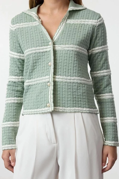 Kadın Moda Şık Regular Polo Yaka Regular Dokulu Çizgili Triko Hırka