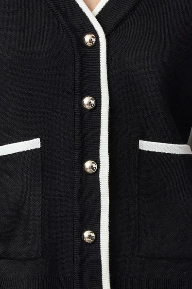 Kadın Moda Şık Regular V Yaka Oversize Renk Bloklu Geniş Kalıp Triko Hırka - 4