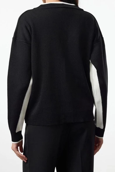 Kadın Moda Şık Regular V Yaka Oversize Renk Bloklu Geniş Kalıp Triko Hırka - 5