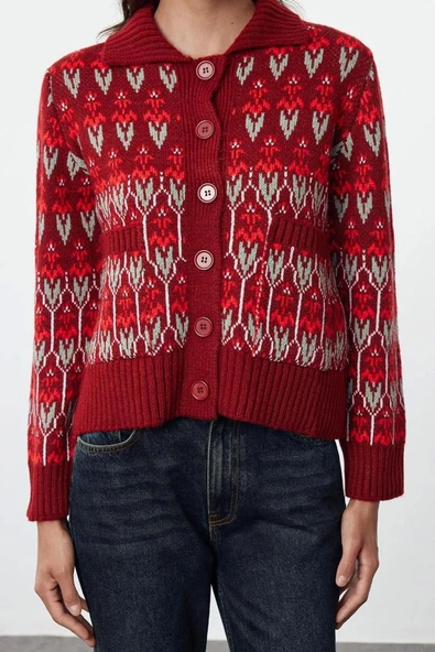 Kadın Moda Şık Regular Polo Yaka Regular Yumuşak Dokulu Polo Yaka Desenli Triko Hırka