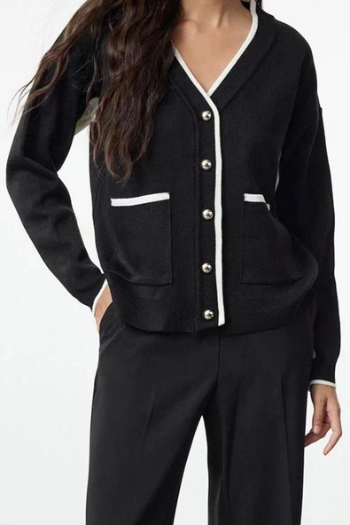 Kadın Moda Şık Regular V Yaka Oversize Renk Bloklu Geniş Kalıp Triko Hırka - 2
