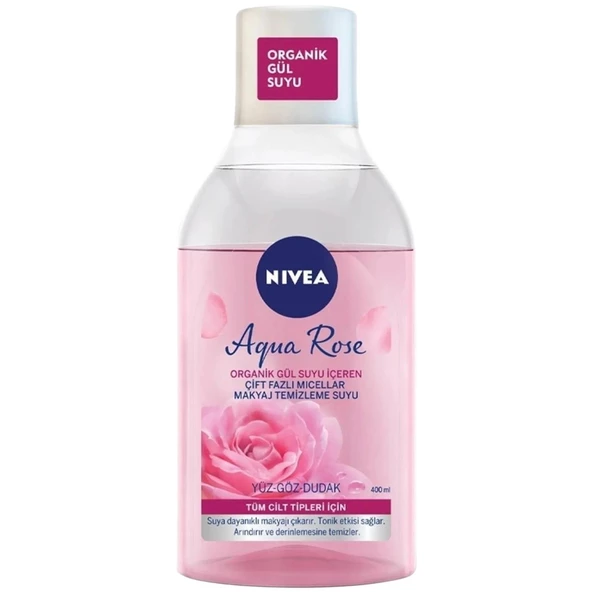 Nivea Aqua Rose Organik Gül Suyu İçeren Çift Fazlı Mıcellar Makyaj Temizleme Suyu Yüz-Göz-Dudak 400 ml