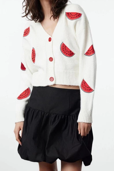 Kadın Moda Şık Regular V Yaka Regular Yumuşak Dokulu Karpuz Desenli V Yaka Triko Hırka - 2