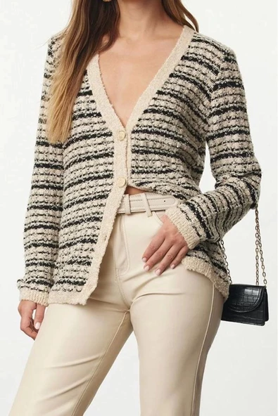 Kadın Moda Şık Regular V Yaka Slim Yumuşak Dokulu Buklet Triko Hırka - 3