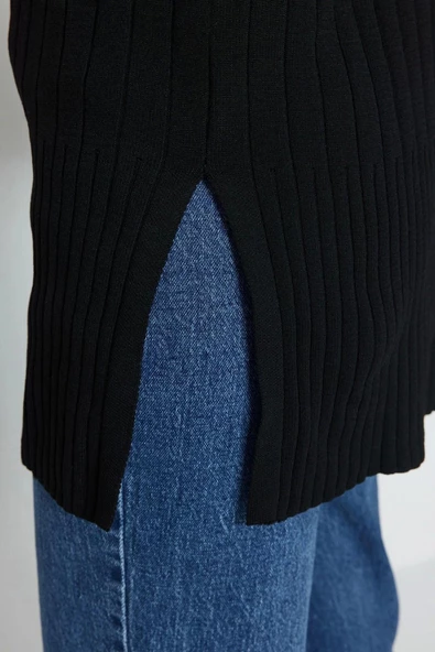 Kadın Tesettür Moda Şık Regular Balıkçı Yaka Uzun Kol Düz Dik Yaka Ribana Triko Kazak - 6