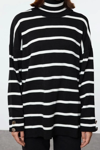 Kadın Tesettür Moda Şık Regular Yarım Balıkçı Yaka Uzun Kol Çizgili Balıkçı Yaka Basic Triko Kazak