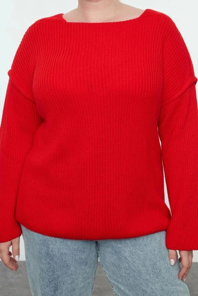 Kadın Büyük Beden Moda Şık Regular Kayık Yaka Uzun Kol Düz Kayık Yaka Dikiş Detaylı Triko Kazak
