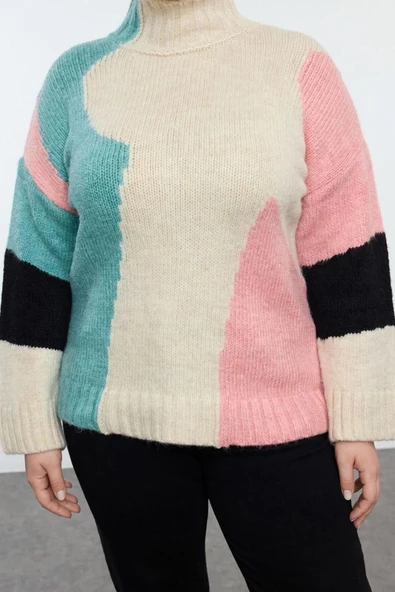 Kadın Büyük Beden Moda Şık Regular Dik Yaka Uzun Kol Renk Bloklu Triko Kazak