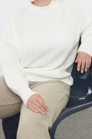 Kadın Büyük Beden Moda Şık Regular Bisiklet Yaka Uzun Kol Düz Triko Kazak - 3