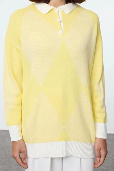 Kadın Tesettür Moda Şık Regular Polo Yaka Uzun Kol Baklava Baklava Desenli Triko Kazak