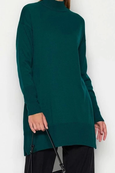 Kadın Tesettür Moda Şık Midi Dik Yaka Uzun Kol Düz Dik Yaka Triko Kazak - 2