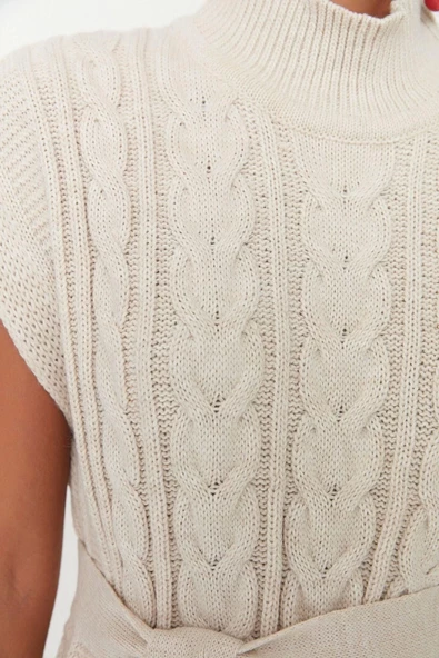 Kadın Moda Şık Uzun Dik Yaka Kolsuz Saç Örgü Geniş Kalıp Yünlü Kemerli Triko Süveter - 5