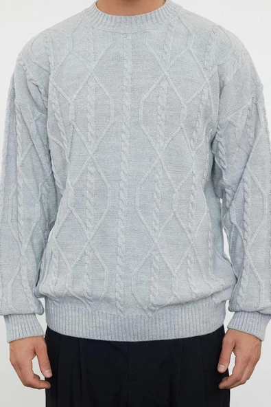 Erkek Moda Şık Regular Bisiklet Yaka Uzun Kol Saç Örgü Oversize Triko Kazak