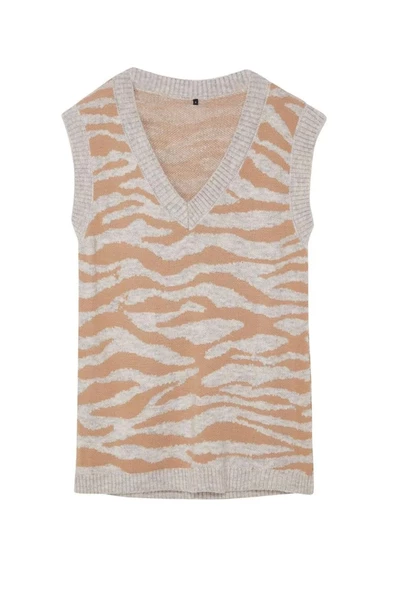 Kadın Tesettür Moda Şık Regular V Yaka Uzun Kol Animal Yumuşak Dokulu Zebra Desenli Triko Süveter
