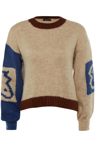 Kadın Moda Şık Crop Bisiklet Yaka Uzun Kol Renk Bloklu Yumuşak Dokulu Triko Kazak