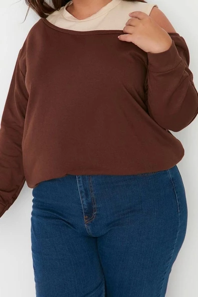 Kadın Büyük Beden Moda Regular Bisiklet Yaka Standart Kol Regular Omuz Detaylı İnce Örme Sweatshirt - 3