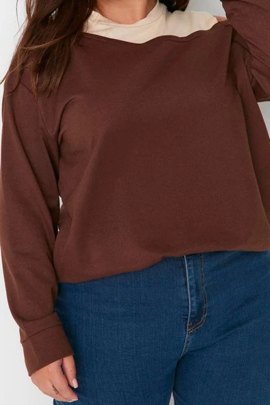 Kadın Büyük Beden Moda Regular Bisiklet Yaka Standart Kol Regular Omuz Detaylı İnce Örme Sweatshirt - 5