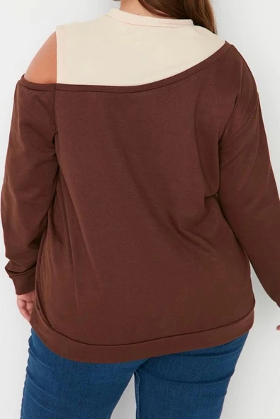 Kadın Büyük Beden Moda Regular Bisiklet Yaka Standart Kol Regular Omuz Detaylı İnce Örme Sweatshirt - 6
