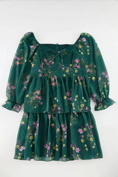 Kadın Moda Şık Büyük Beden Mini Boy Kare Yaka Relaxed Şifon Dokuma Büyük Beden Elbise