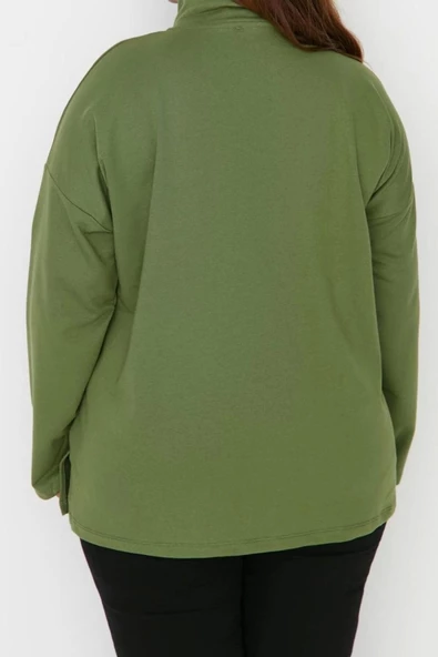 Kadın Büyük Beden Oversize Polo Yaka Düşük Kol Regular Fermuarlı Yüksek Yakalı İnce Örme Sweatshirt - 6