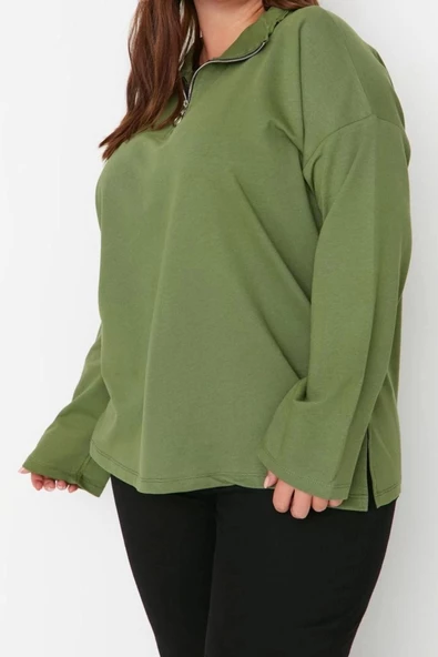Kadın Büyük Beden Oversize Polo Yaka Düşük Kol Regular Fermuarlı Yüksek Yakalı İnce Örme Sweatshirt - 5