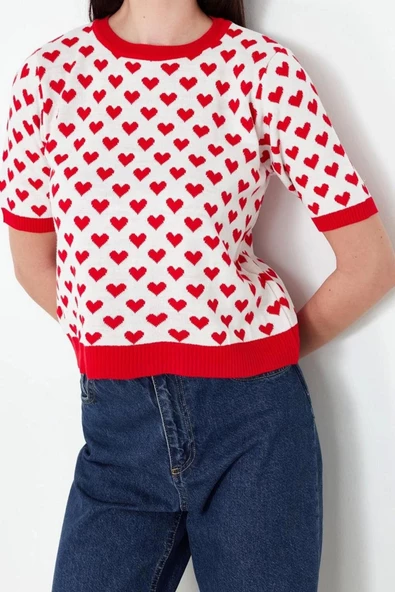 Kadın Moda Şık Regular Bisiklet Yaka Kısa Kol Kalp Triko Kazak - 3