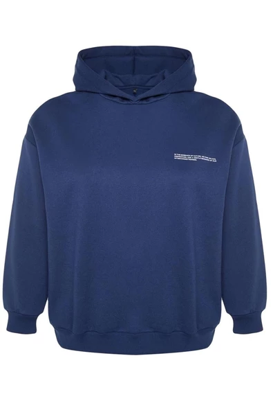 Kadın Büyük Beden Oversize Kapüşonlu Düşük Kol Kalın İçi Polarlı Baskı Detaylı Örme Sweatshirt