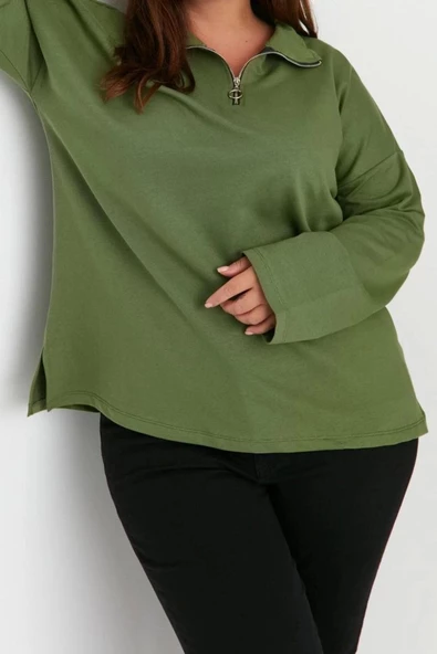 Kadın Büyük Beden Oversize Polo Yaka Düşük Kol Regular Fermuarlı Yüksek Yakalı İnce Örme Sweatshirt - 3