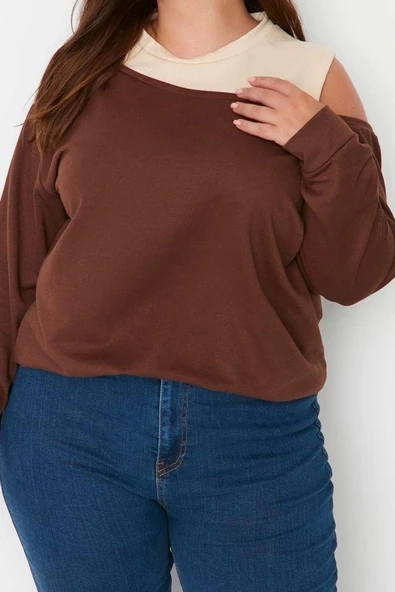 Kadın Büyük Beden Moda Regular Bisiklet Yaka Standart Kol Regular Omuz Detaylı İnce Örme Sweatshirt - 2