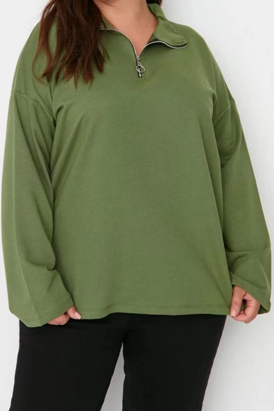 Kadın Büyük Beden Oversize Polo Yaka Düşük Kol Regular Fermuarlı Yüksek Yakalı İnce Örme Sweatshirt - 2