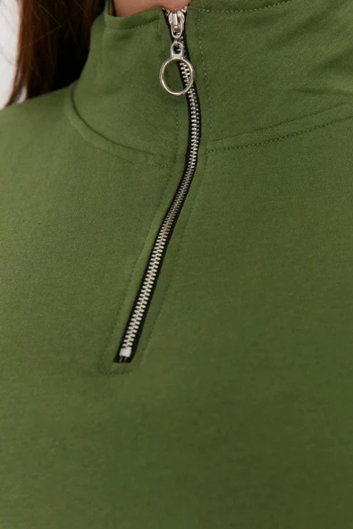 Kadın Büyük Beden Oversize Polo Yaka Düşük Kol Regular Fermuarlı Yüksek Yakalı İnce Örme Sweatshirt - 4